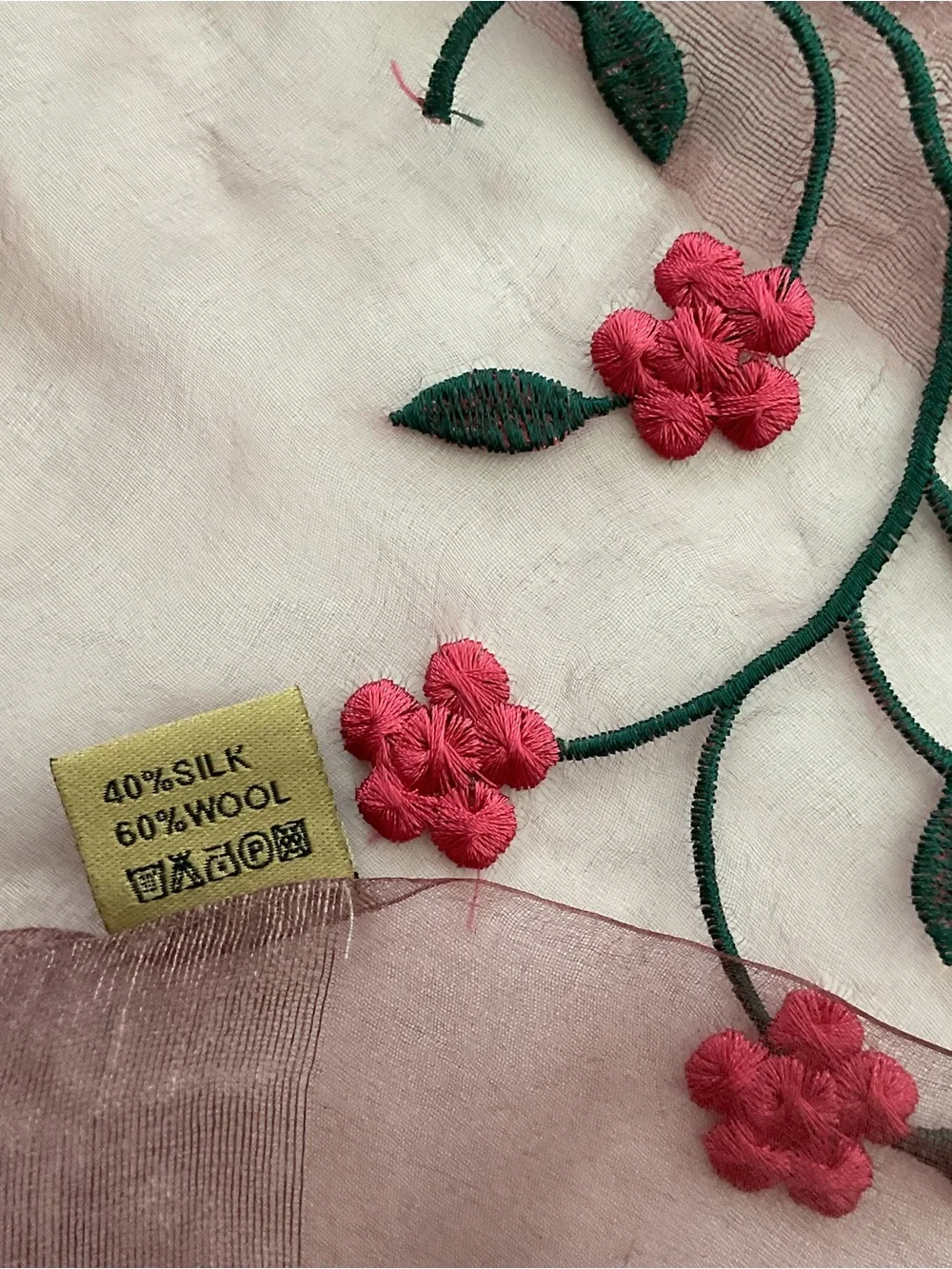 Sheer Floral Embroidered Scarf Silk Wool Blend